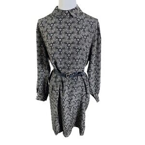 Argenti Vintage Black‎ White Tan Geometric Long Sleeve Shirt Dress 4P